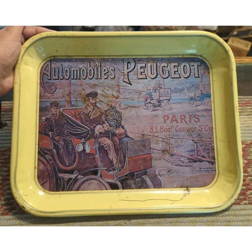 Vintage‎ Yellow Tin Tray Automobile Advertisement Peugeot Paris